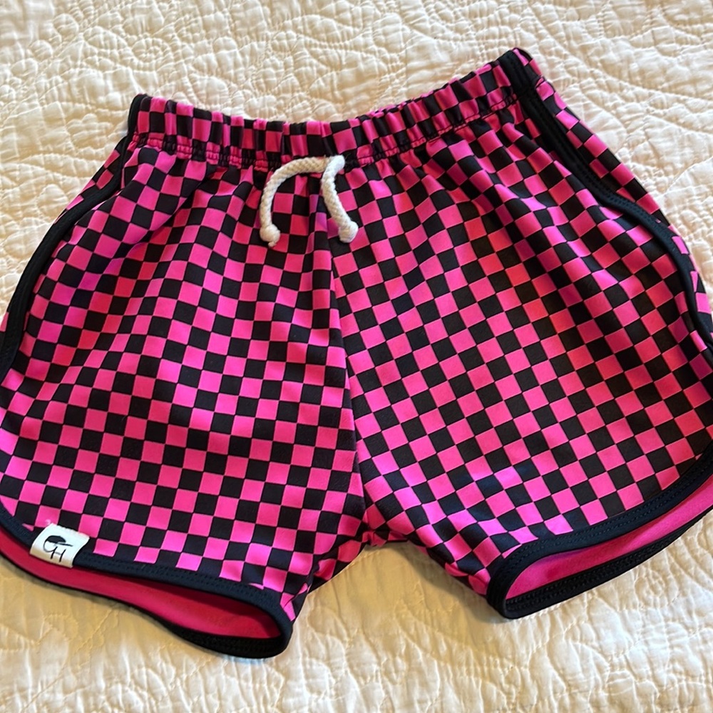 4T-5T Neon Pink Check Track Swim shorts. Excellent condition. Smoke/pet free